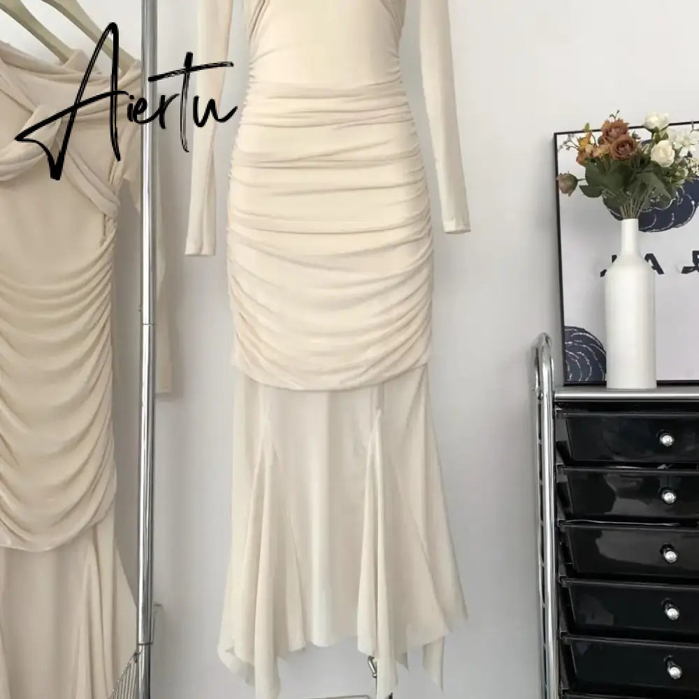 Aiertu Elegant Knitted Dress Women Mesh Patchwork Long Sleeve Slash Neck Wrap Hip Autumn Spring Evening Party Prom Robe Vestidos Mujer Aiertu
