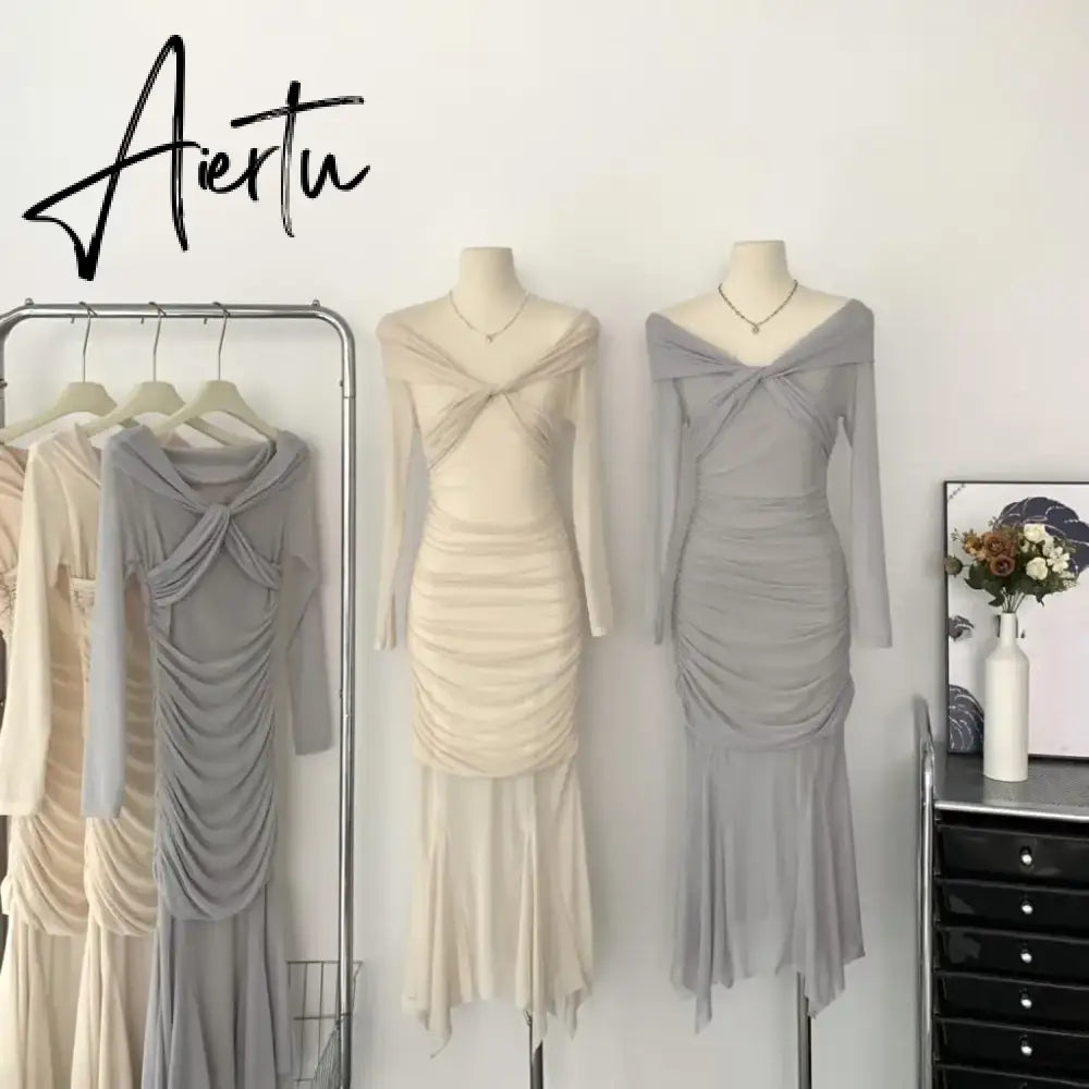 Aiertu Elegant Knitted Dress Women Mesh Patchwork Long Sleeve Slash Neck Wrap Hip Autumn Spring Evening Party Prom Robe Vestidos Mujer Aiertu
