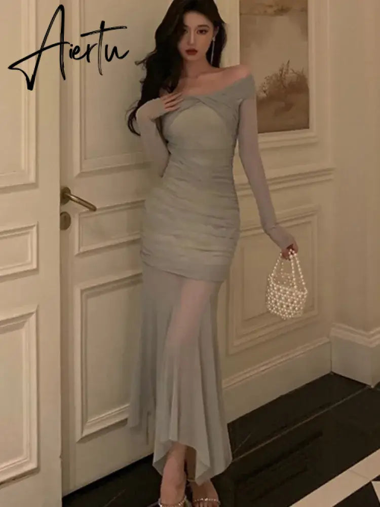 Aiertu Elegant Knitted Dress Women Mesh Patchwork Long Sleeve Slash Neck Wrap Hip Autumn Spring Evening Party Prom Robe Vestidos Mujer Aiertu