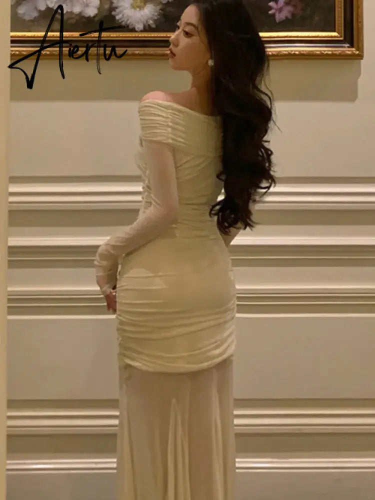 Aiertu Elegant Knitted Dress Women Mesh Patchwork Long Sleeve Slash Neck Wrap Hip Autumn Spring Evening Party Prom Robe Vestidos Mujer Aiertu