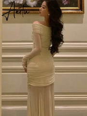 Aiertu Elegant Knitted Dress Women Mesh Patchwork Long Sleeve Slash Neck Wrap Hip Autumn Spring Evening Party Prom Robe Vestidos Mujer Aiertu
