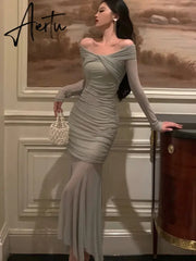 Aiertu Elegant Knitted Dress Women Mesh Patchwork Long Sleeve Slash Neck Wrap Hip Autumn Spring Evening Party Prom Robe Vestidos Mujer Aiertu
