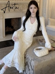 Aiertu Elegant Lace Midi Dress Women  V-neck Flare Sleeve Slim Mermaid Autumn Spring Vintage Evening Party Prom Robe Vestidos Mujer New Aiertu