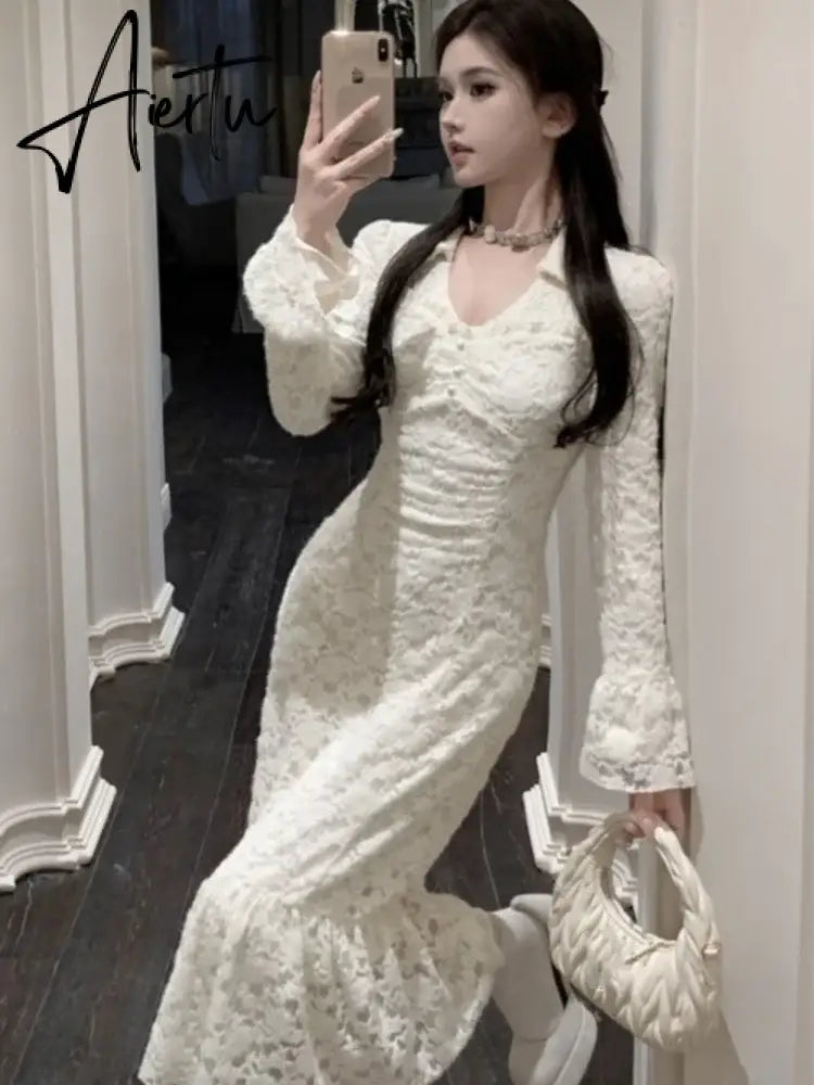 Aiertu Elegant Lace Midi Dress Women  V-neck Flare Sleeve Slim Mermaid Autumn Spring Vintage Evening Party Prom Robe Vestidos Mujer New Aiertu