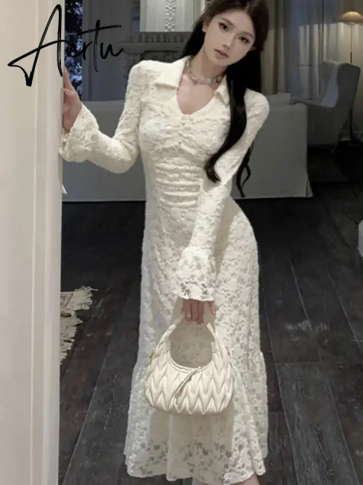 Aiertu Elegant Lace Midi Dress Women  V-neck Flare Sleeve Slim Mermaid Autumn Spring Vintage Evening Party Prom Robe Vestidos Mujer New Aiertu