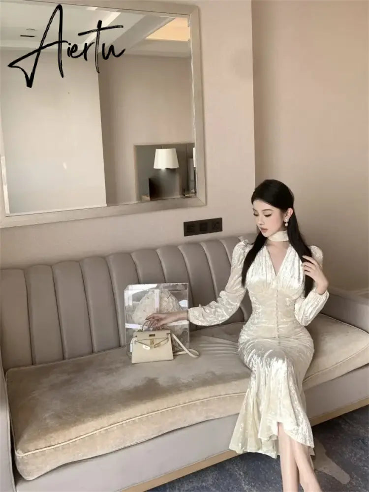 Aiertu Elegant Luxury Midi Dresses for Women Spring Fashion Vintage Evening Party Slim Sexy V-neck Fishtail Dress Female Clothing Robe Aiertu