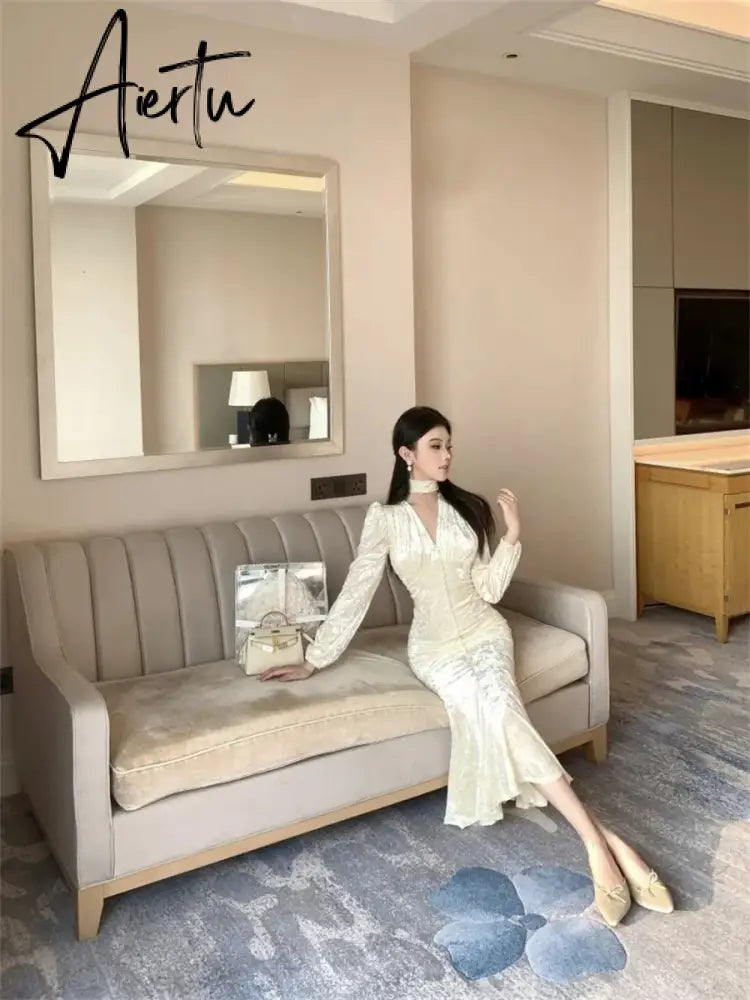 Aiertu Elegant Luxury Midi Dresses for Women Spring Fashion Vintage Evening Party Slim Sexy V-neck Fishtail Dress Female Clothing Robe Aiertu