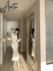 Aiertu Elegant Luxury Midi Dresses for Women Spring Fashion Vintage Evening Party Slim Sexy V-neck Fishtail Dress Female Clothing Robe Aiertu