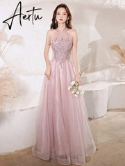 Aiertu Elegant Pink Celebrity Dress Sequins Beading Halter With Tassel Sleeve A Line Exquisite Floor Length Prom Evening Gowns 2024 New Aiertu
