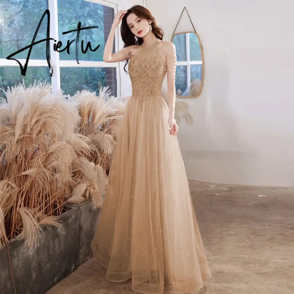 Aiertu Elegant Pink Celebrity Dress Sequins Beading Halter With Tassel Sleeve A Line Exquisite Floor Length Prom Evening Gowns 2024 New Aiertu