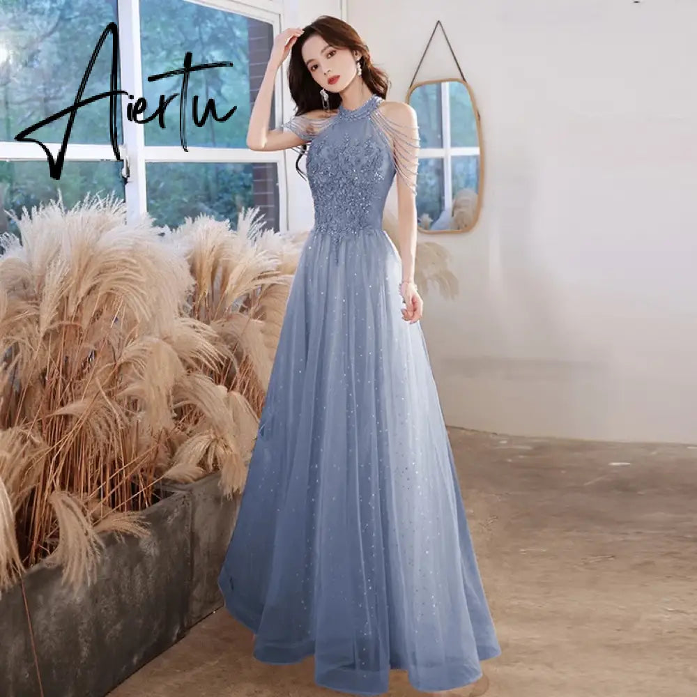 Aiertu Elegant Pink Celebrity Dress Sequins Beading Halter With Tassel Sleeve A Line Exquisite Floor Length Prom Evening Gowns 2024 New Aiertu