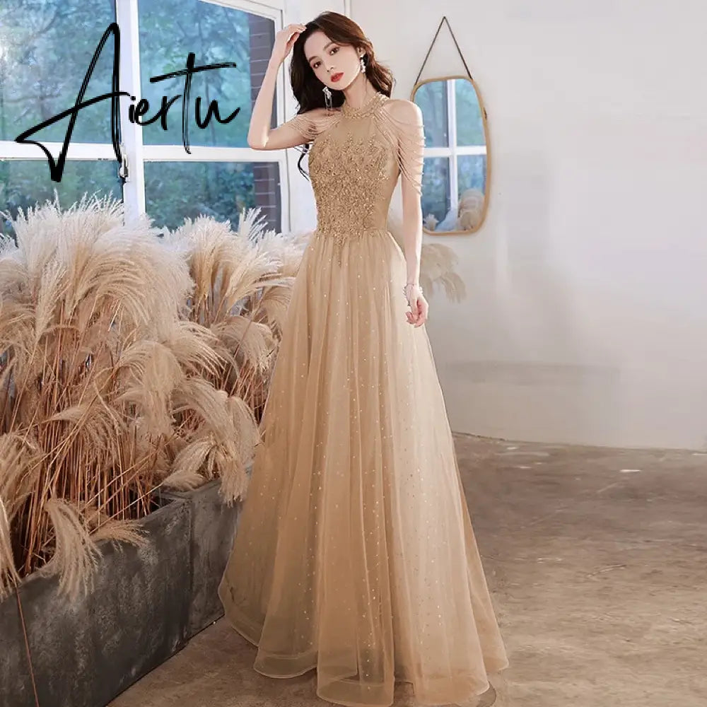 Aiertu Elegant Pink Celebrity Dress Sequins Beading Halter With Tassel Sleeve A Line Exquisite Floor Length Prom Evening Gowns 2024 New Aiertu