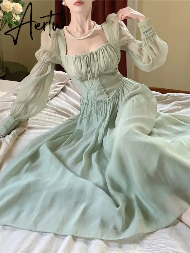 Aiertu Elegant Princess Party Dress Women High Waist A-line Lace Up Autumn Spring French Vintage Prom Robe One Piece Vestidos New Aiertu