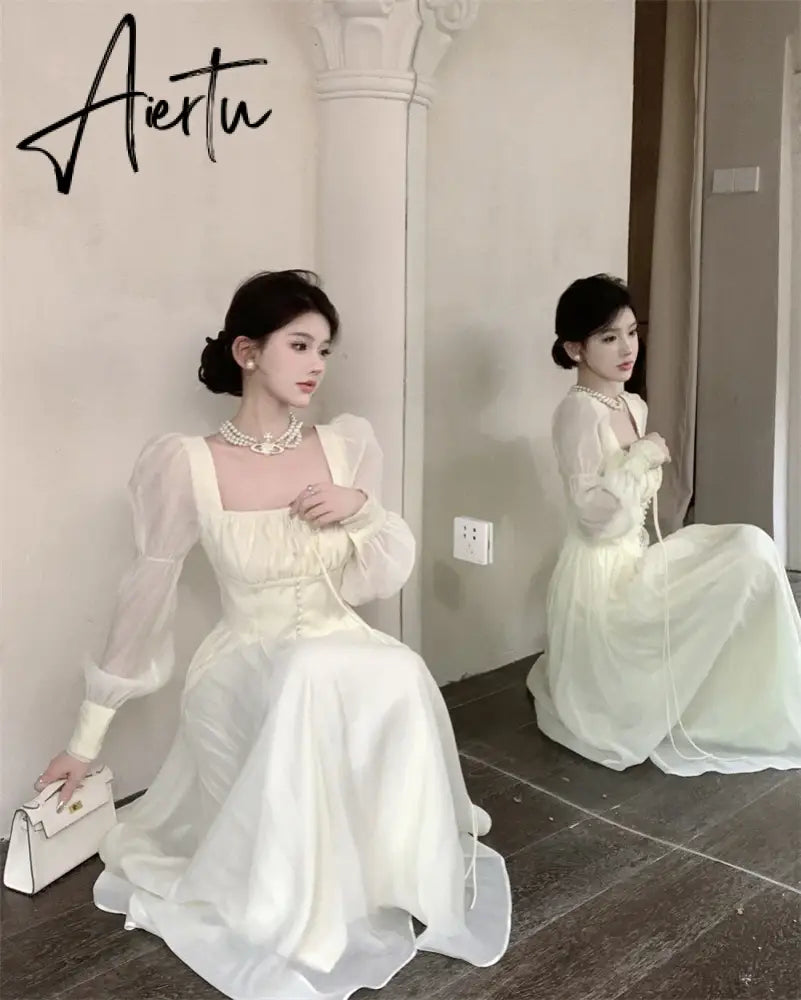 Aiertu Elegant Princess Party Dress Women High Waist A-line Lace Up Autumn Spring French Vintage Prom Robe One Piece Vestidos New Aiertu