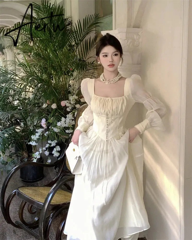 Aiertu Elegant Princess Party Dress Women High Waist A-line Lace Up Autumn Spring French Vintage Prom Robe One Piece Vestidos New Aiertu