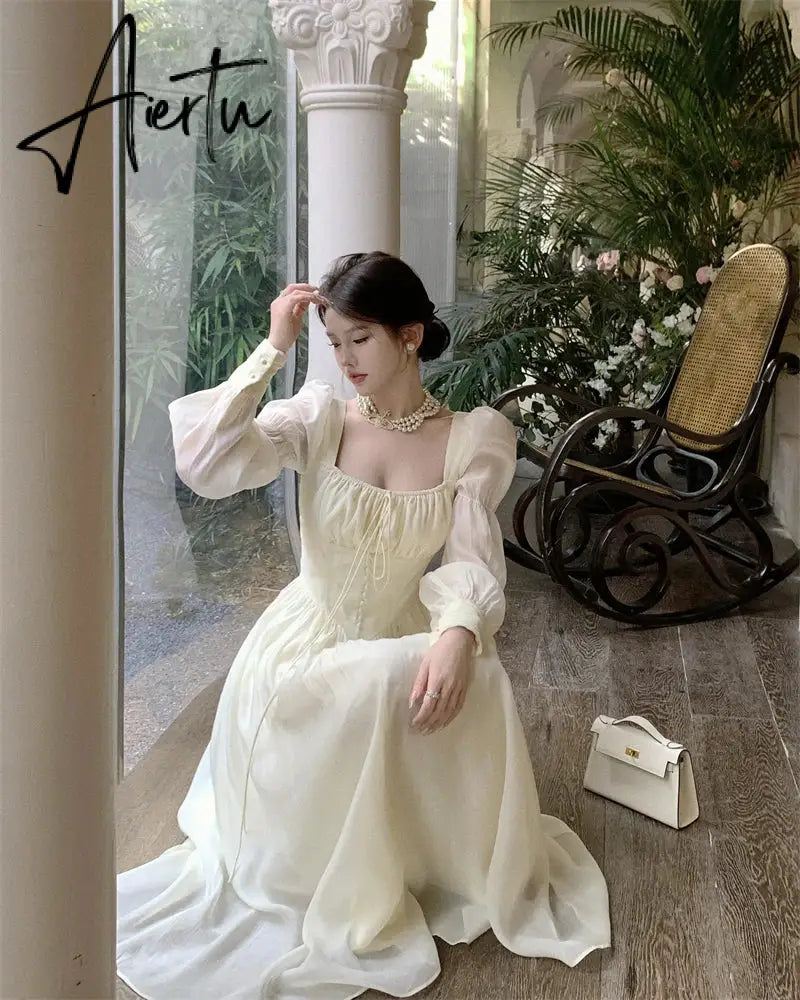 Aiertu Elegant Princess Party Dress Women High Waist A-line Lace Up Autumn Spring French Vintage Prom Robe One Piece Vestidos New Aiertu