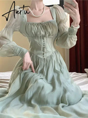 Aiertu Elegant Princess Party Dress Women High Waist A-line Lace Up Autumn Spring French Vintage Prom Robe One Piece Vestidos New Aiertu