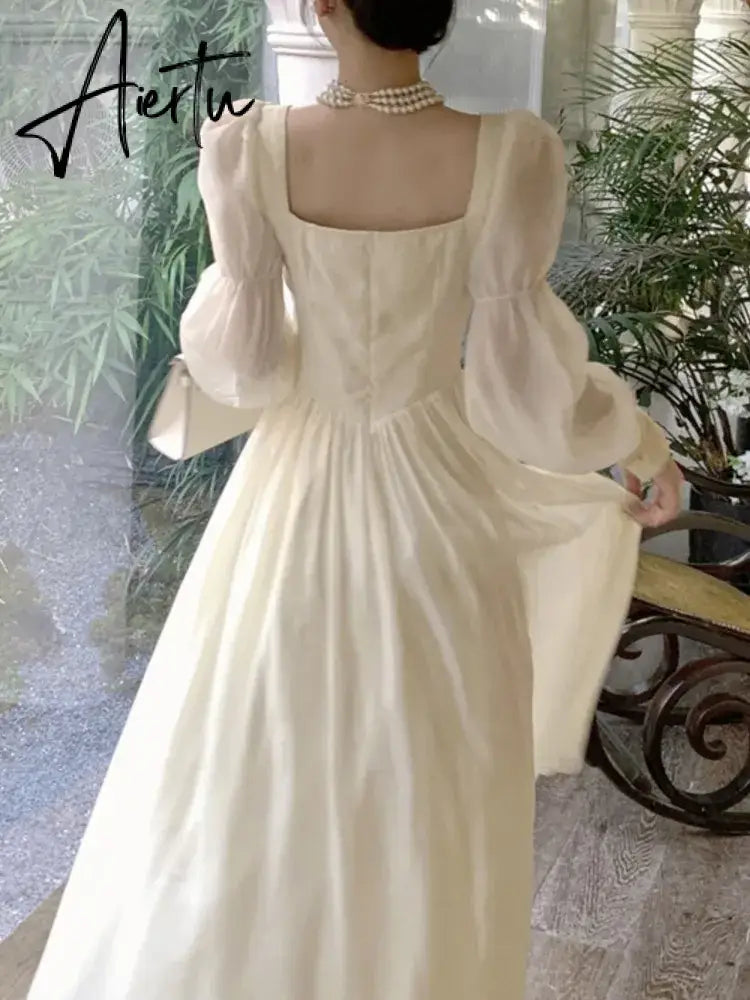 Aiertu Elegant Princess Party Dress Women High Waist A-line Lace Up Autumn Spring French Vintage Prom Robe One Piece Vestidos New Aiertu