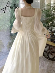 Aiertu Elegant Princess Party Dress Women High Waist A-line Lace Up Autumn Spring French Vintage Prom Robe One Piece Vestidos New Aiertu
