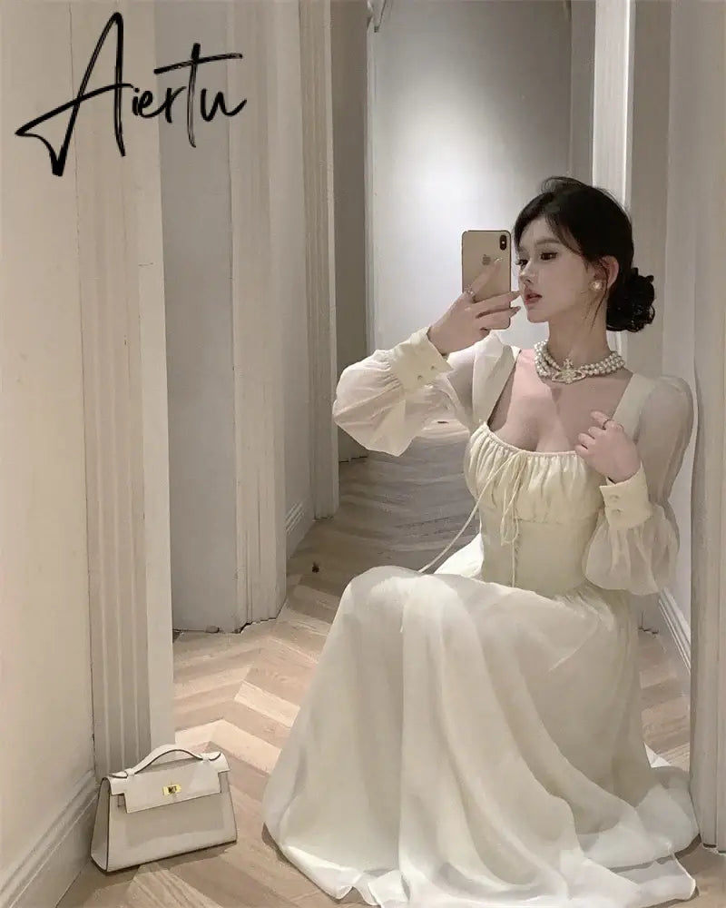 Aiertu Elegant Princess Party Dress Women High Waist A-line Lace Up Autumn Spring French Vintage Prom Robe One Piece Vestidos New Aiertu