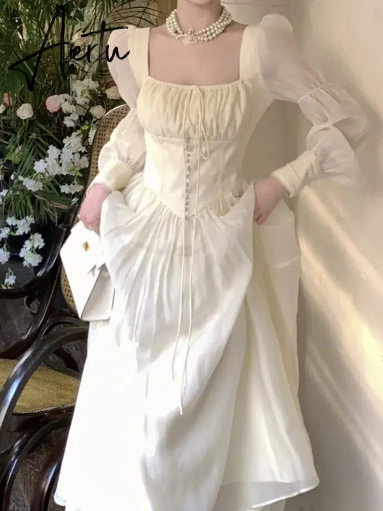 Aiertu Elegant Princess Party Dress Women High Waist A-line Lace Up Autumn Spring French Vintage Prom Robe One Piece Vestidos New Aiertu