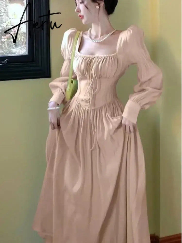 Aiertu Elegant Princess Party Dress Women High Waist A-line Lace Up Autumn Spring French Vintage Prom Robe One Piece Vestidos New Aiertu