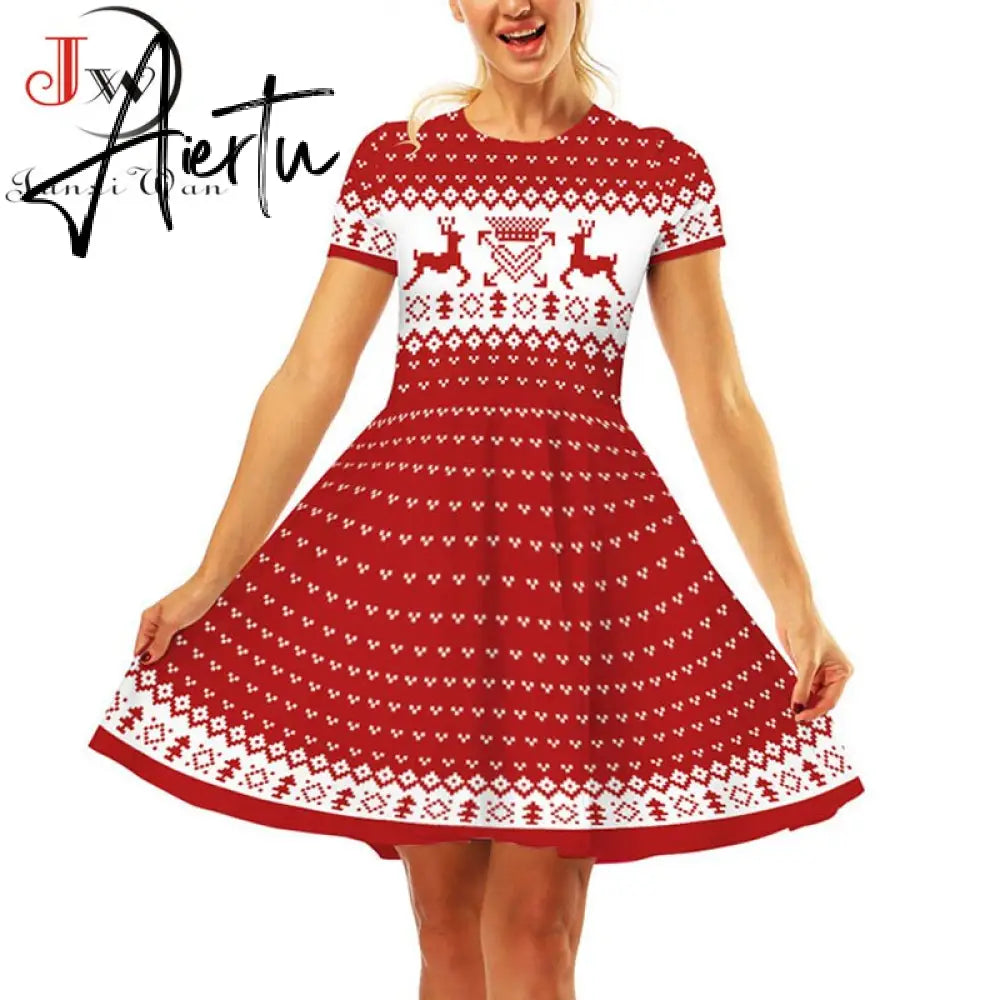 Aiertu  Elegant Print Women Christmas Dress  Short Sleeve High Waist Big Swing Vintage Xmas Party Sundress Casual Robe Femme Aiertu