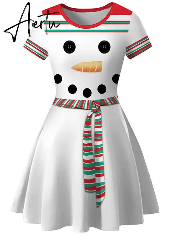 Aiertu  Elegant Print Women Christmas Dress  Short Sleeve High Waist Big Swing Vintage Xmas Party Sundress Casual Robe Femme Aiertu
