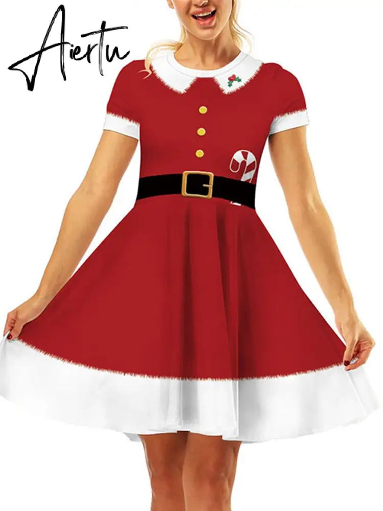 Aiertu  Elegant Print Women Christmas Dress  Short Sleeve High Waist Big Swing Vintage Xmas Party Sundress Casual Robe Femme Aiertu