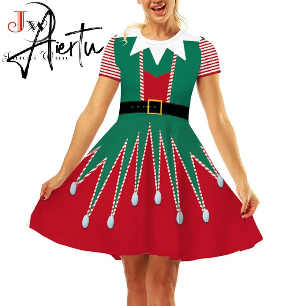 Aiertu  Elegant Print Women Christmas Dress  Short Sleeve High Waist Big Swing Vintage Xmas Party Sundress Casual Robe Femme Aiertu