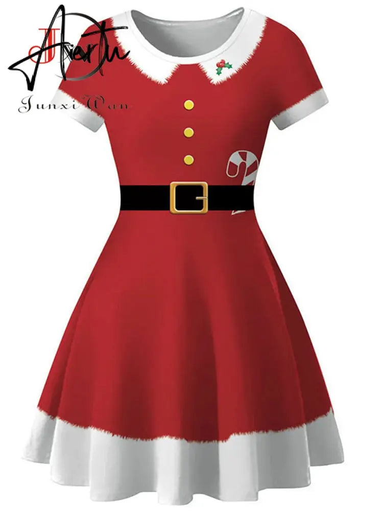 Aiertu  Elegant Print Women Christmas Dress  Short Sleeve High Waist Big Swing Vintage Xmas Party Sundress Casual Robe Femme Aiertu