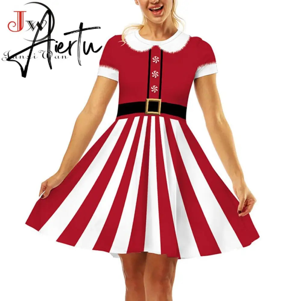 Aiertu  Elegant Print Women Christmas Dress  Short Sleeve High Waist Big Swing Vintage Xmas Party Sundress Casual Robe Femme Aiertu