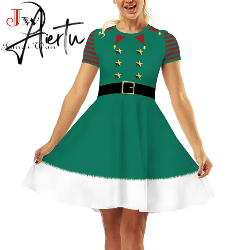 Aiertu  Elegant Print Women Christmas Dress  Short Sleeve High Waist Big Swing Vintage Xmas Party Sundress Casual Robe Femme Aiertu