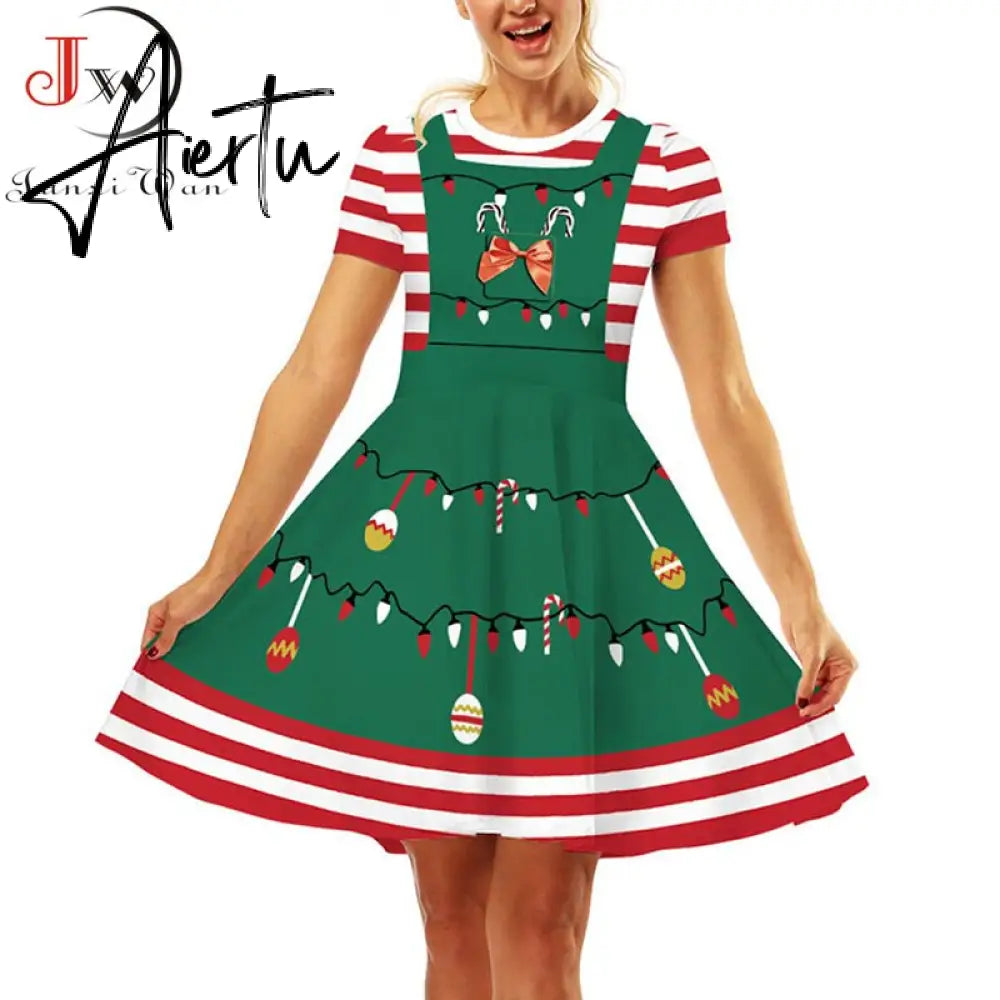 Aiertu  Elegant Print Women Christmas Dress  Short Sleeve High Waist Big Swing Vintage Xmas Party Sundress Casual Robe Femme Aiertu