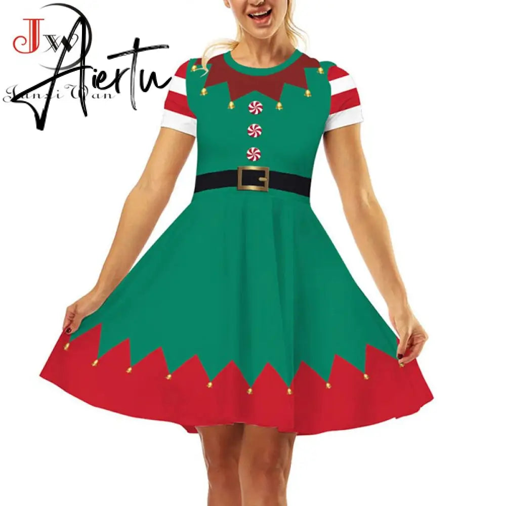 Aiertu  Elegant Print Women Christmas Dress  Short Sleeve High Waist Big Swing Vintage Xmas Party Sundress Casual Robe Femme Aiertu
