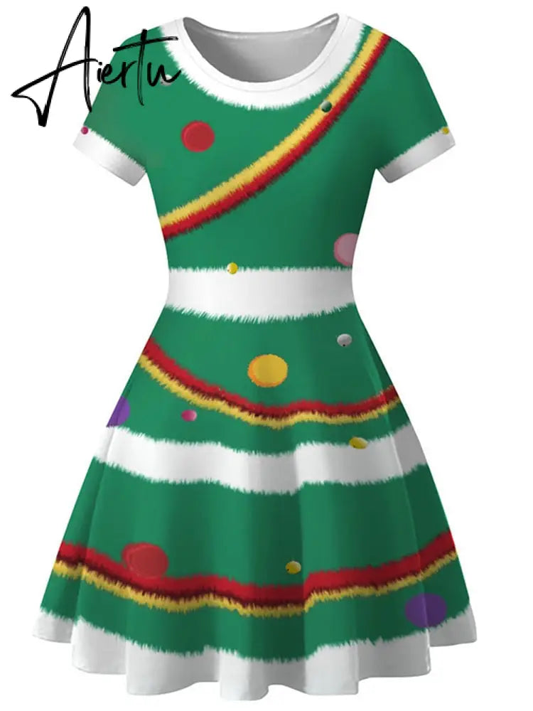 Aiertu  Elegant Print Women Christmas Dress  Short Sleeve High Waist Big Swing Vintage Xmas Party Sundress Casual Robe Femme Aiertu