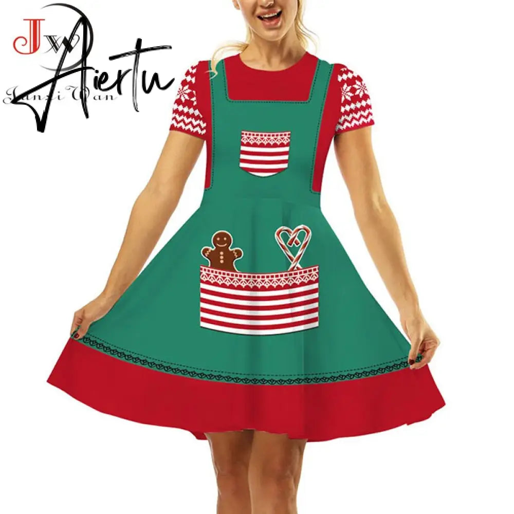 Aiertu  Elegant Print Women Christmas Dress  Short Sleeve High Waist Big Swing Vintage Xmas Party Sundress Casual Robe Femme Aiertu