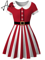 Aiertu  Elegant Print Women Christmas Dress  Short Sleeve High Waist Big Swing Vintage Xmas Party Sundress Casual Robe Femme Aiertu