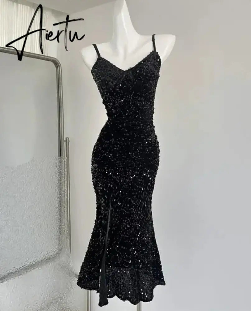 Aiertu Elegant Sequin Night Club Dresses for Women Sexy Backless Spaghetti Strap Summer Vestidos Vintage Solid Slim Midi Dress Spring Aiertu