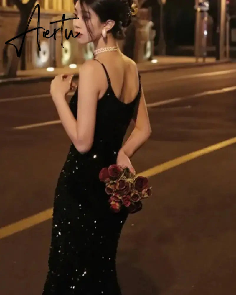 Aiertu Elegant Sequin Night Club Dresses for Women Sexy Backless Spaghetti Strap Summer Vestidos Vintage Solid Slim Midi Dress Spring Aiertu