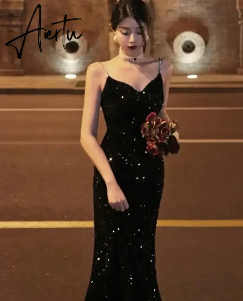 Aiertu Elegant Sequin Night Club Dresses for Women Sexy Backless Spaghetti Strap Summer Vestidos Vintage Solid Slim Midi Dress Spring Aiertu