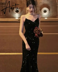 Aiertu Elegant Sequin Night Club Dresses for Women Sexy Backless Spaghetti Strap Summer Vestidos Vintage Solid Slim Midi Dress Spring Aiertu