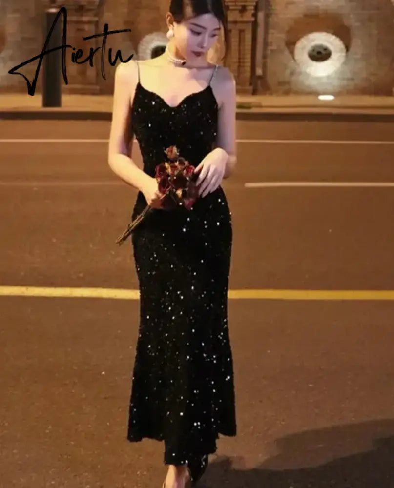 Aiertu Elegant Sequin Night Club Dresses for Women Sexy Backless Spaghetti Strap Summer Vestidos Vintage Solid Slim Midi Dress Spring Aiertu