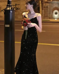 Aiertu Elegant Sequin Night Club Dresses for Women Sexy Backless Spaghetti Strap Summer Vestidos Vintage Solid Slim Midi Dress Spring Aiertu