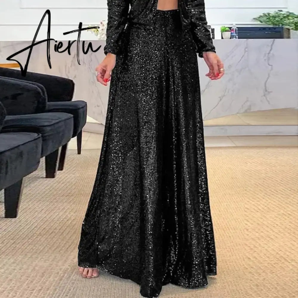 Aiertu Elegant Shinny Sequin Long Pants Women Fashion High Waist Draped Loose Trousers Spring Autumn Casual Wide Legger Solid Pant Aiertu