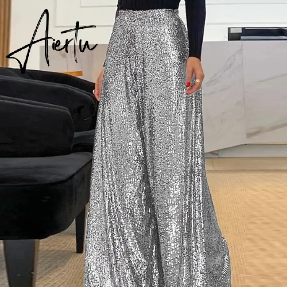 Aiertu Elegant Shinny Sequin Long Pants Women Fashion High Waist Draped Loose Trousers Spring Autumn Casual Wide Legger Solid Pant Aiertu