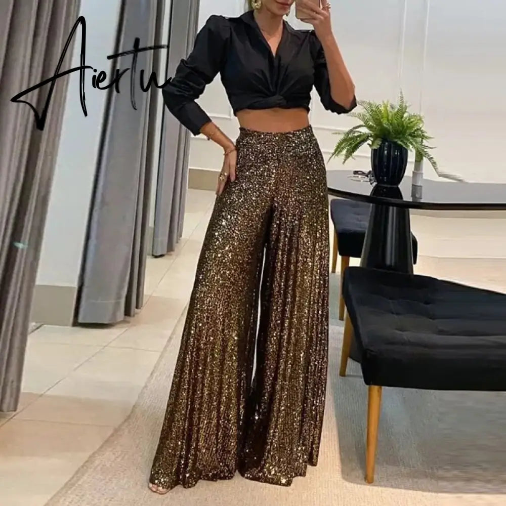 Aiertu Elegant Shinny Sequin Long Pants Women Fashion High Waist Draped Loose Trousers Spring Autumn Casual Wide Legger Solid Pant Aiertu