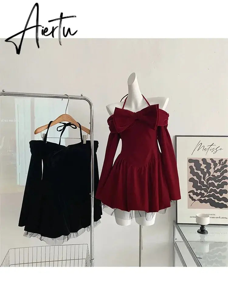 Aiertu  Elegant Short Party Dresses Women Casual Long Sleeve Sweet Bow French Slim Red Mini Dress Spring One Piece Dress Korean Aiertu