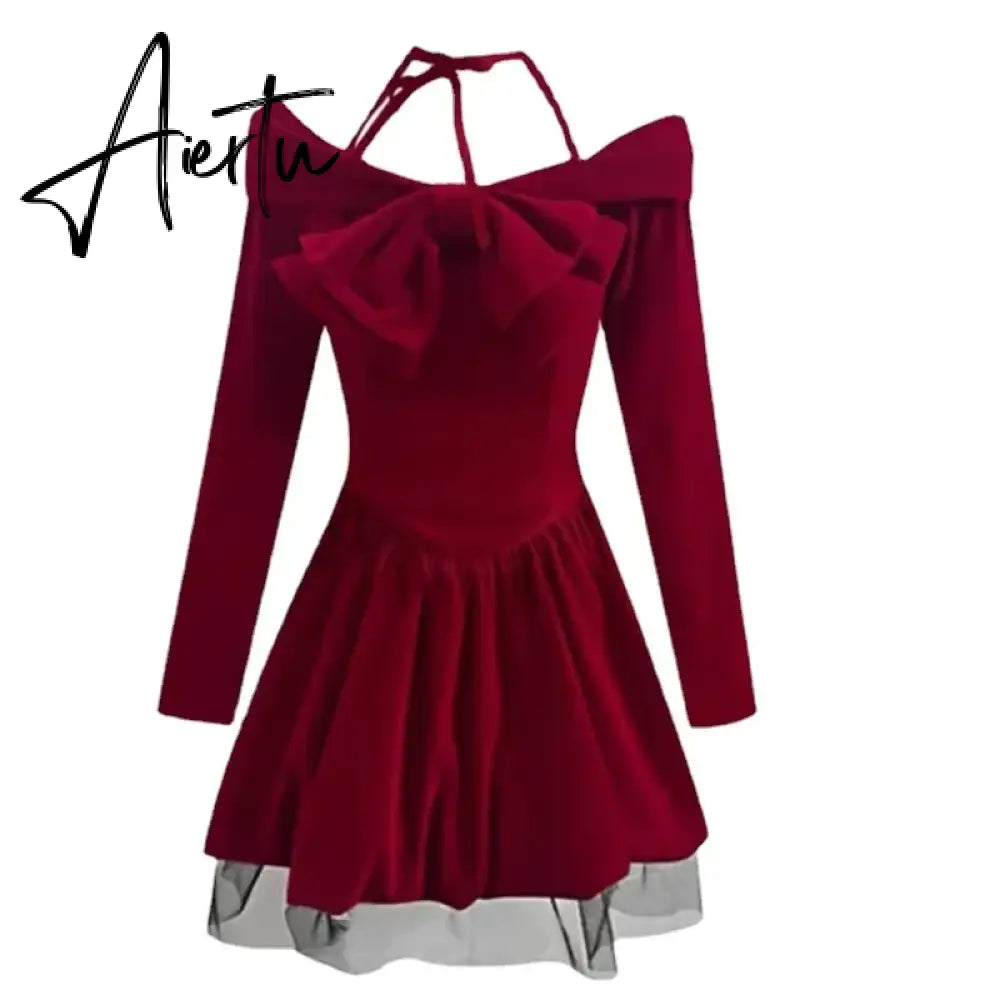 Aiertu  Elegant Short Party Dresses Women Casual Long Sleeve Sweet Bow French Slim Red Mini Dress Spring One Piece Dress Korean Aiertu