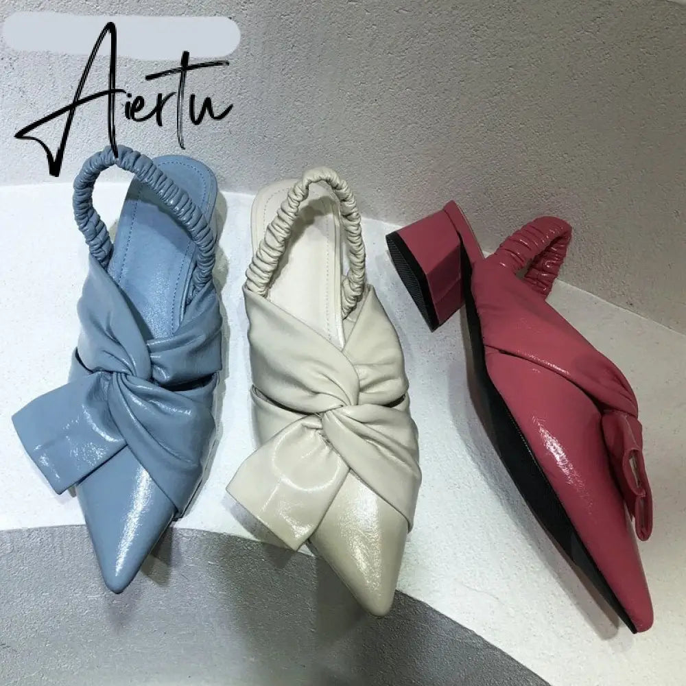 Aiertu Elegant Slingback Sandals Fashion Bow-knot Pointed Toe Square Low Heel Mule Shoes Party Dress Shoes Zapatillas Mujer Aiertu